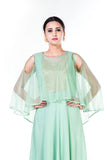 Green Sequin Work Cold Shoulder Cape Style Gown