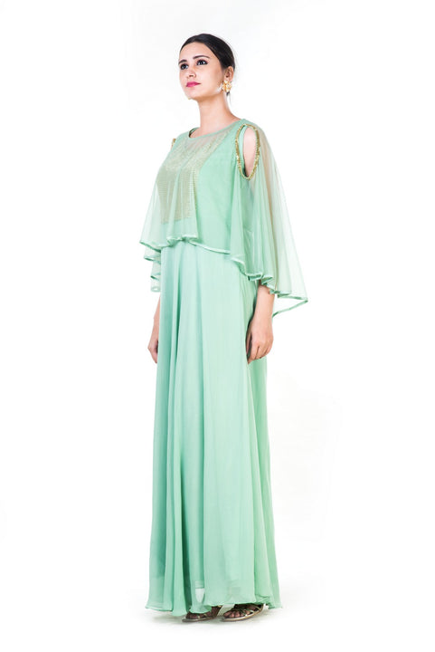 Green Sequin Work Cold Shoulder Cape Style Gown