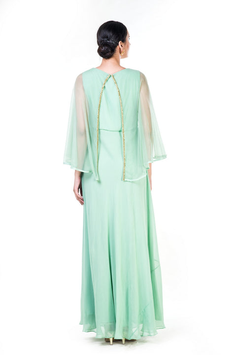 Green Sequin Work Cold Shoulder Cape Style Gown