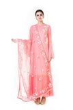Hand Embroidered Light Pink Double Layer Anarkali Gown With A Floral Work Embroidered Dupatta