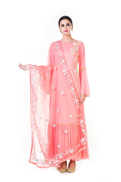 Hand Embroidered Light Pink Double Layer Anarkali Gown With A Floral Work Embroidered Dupatta