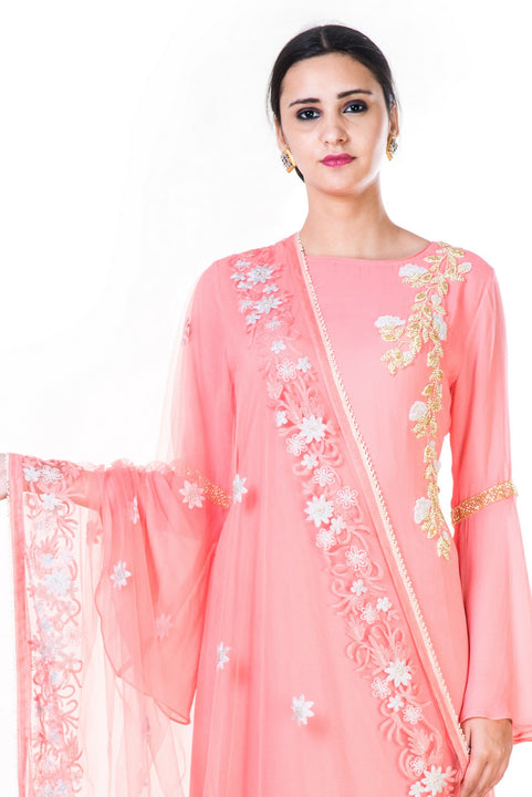 Hand Embroidered Light Pink Double Layer Anarkali Gown With A Floral Work Embroidered Dupatta