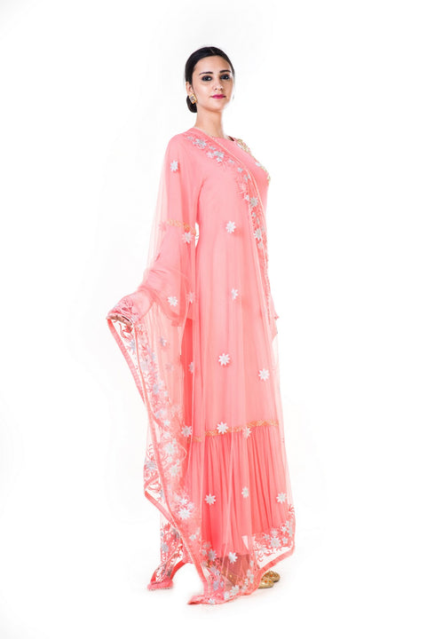 Hand Embroidered Light Pink Double Layer Anarkali Gown With A Floral Work Embroidered Dupatta
