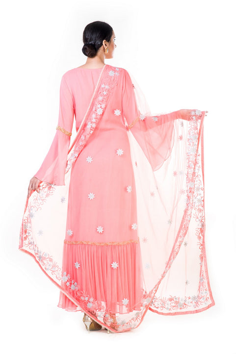 Hand Embroidered Light Pink Double Layer Anarkali Gown With A Floral Work Embroidered Dupatta