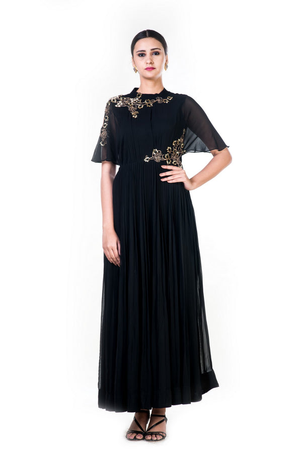 Hand Embroidered Black Overlapped Yoke Pleated Dress