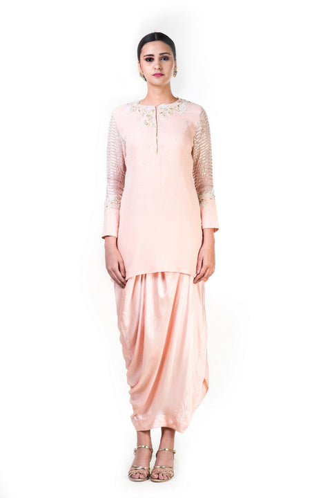 Embroidered Blush Peach Gota Work Top And A Draped Skirt
