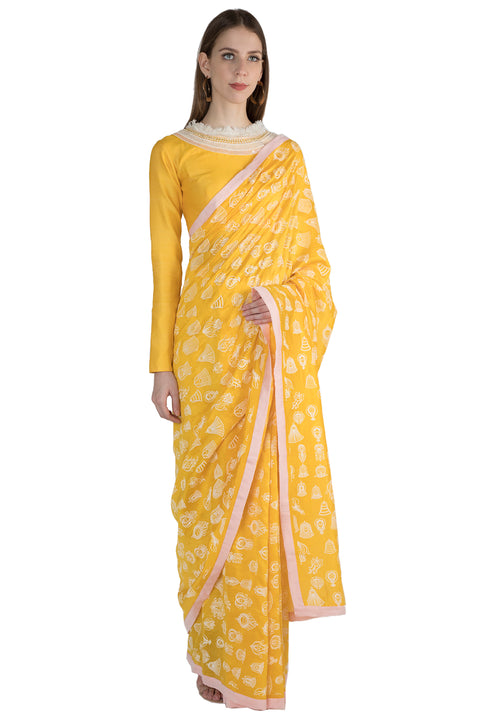 Masaba Yellow Gulshan Print Yellow Sari With Blouse Piece