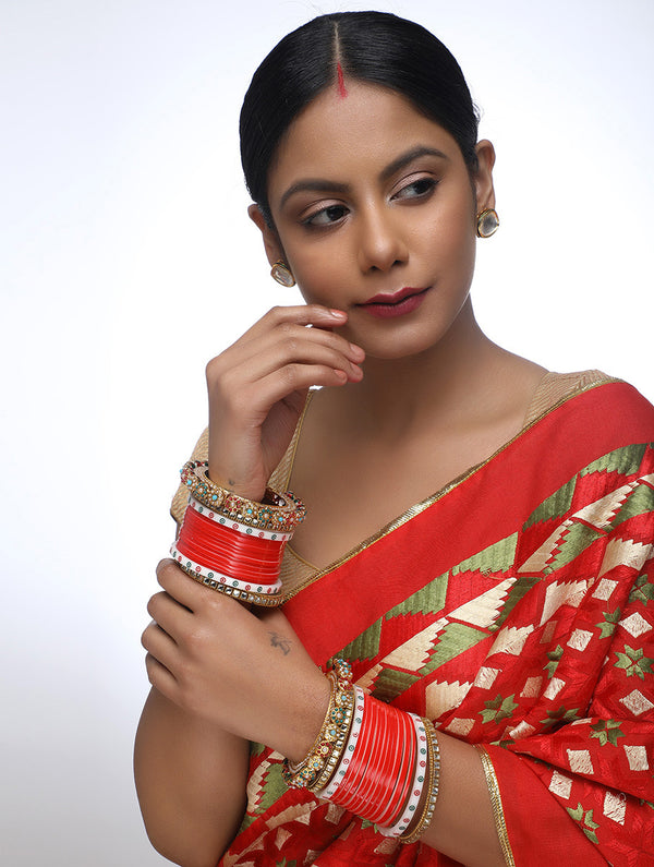 Red Chuda With Kundan Bangles With  Meenakari Bangles - MRR107