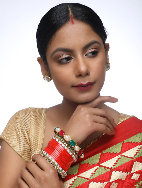 Red Chuda With Kundan Bangles & Heavy Meenakari Pearl Bangles - MRR5