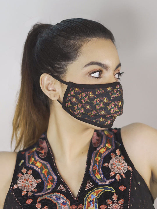 Ritu Kumar Reusable Printed Cloth Face Masks Set of 3 - (BLACK-MULTI-ECRU)