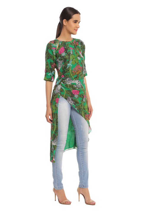 Masaba Gupta Indian Designer Basil Green Unicorn Meadow Cut Ruched Tunic Top -MSS19308