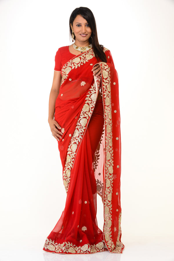 Pretty Red Embroidered Sari