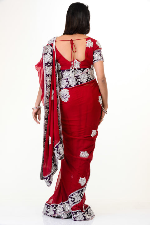 Classy Red Sari with Purple Velvet Border