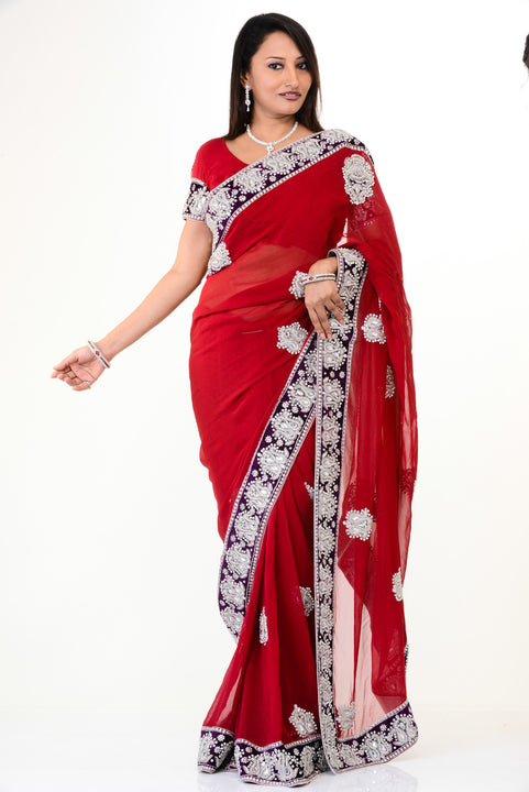 Classy Red Sari with Purple Velvet Border