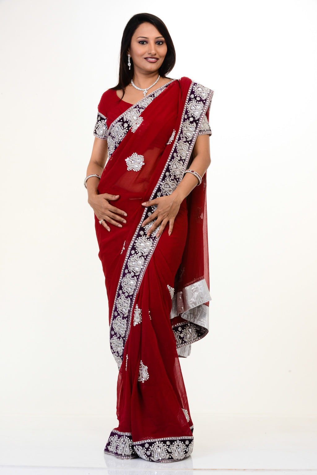 Classy Red Sari with Purple Velvet Border