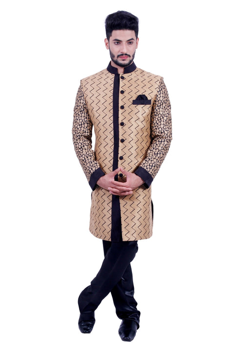 Natural Jute and Black Indian Wedding Indo-Western Sherwani for Men