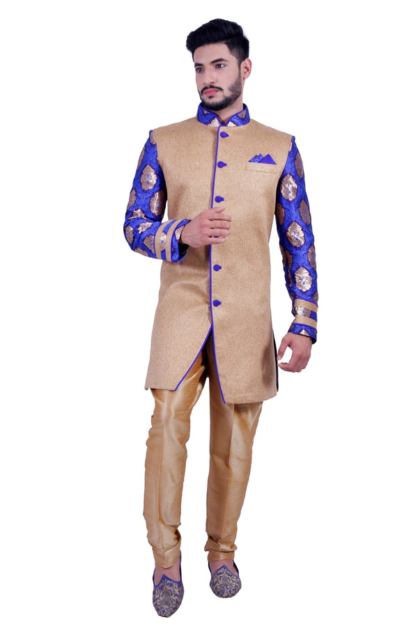 Natural Jute and Persian Blue Indian Wedding Indo-Western Sherwani for Men