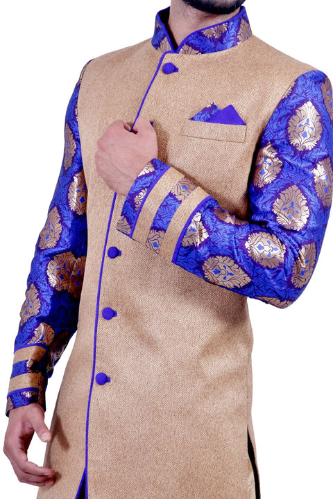 Natural Jute and Persian Blue Indian Wedding Indo-Western Sherwani for Men