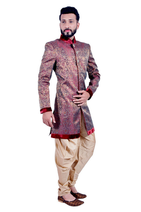 Maroon and Gold Indian Festival Indo-Western Formal Wedding Sherwani for Men
