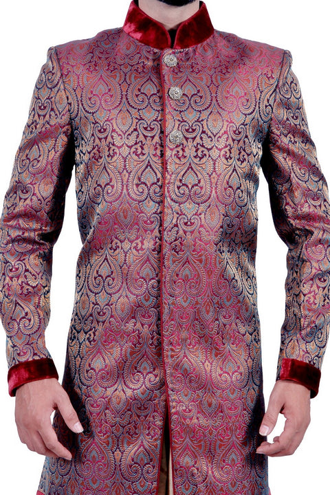 Maroon and Gold Indian Festival Indo-Western Formal Wedding Sherwani for Men