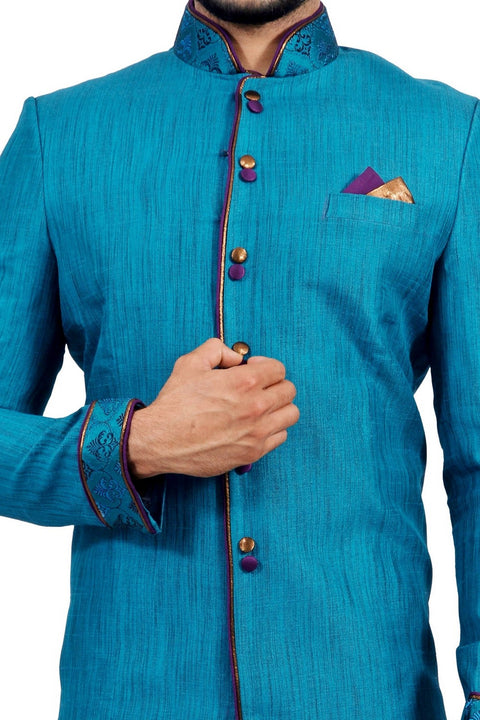 Gulfstream Blue Indian Wedding Indo-Western Sherwani for Men