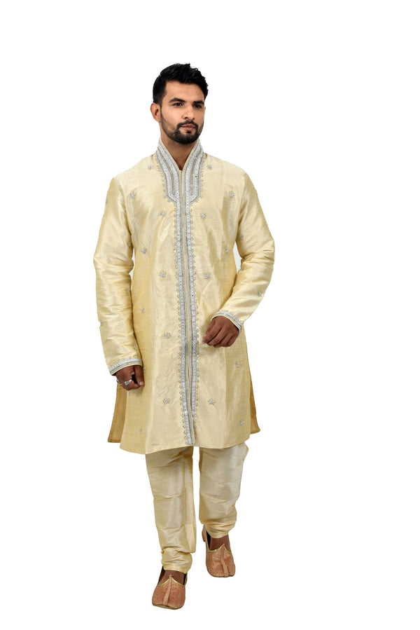 Cream Silk Traditional Indian Wedding Indo-Western Sherwani for Men