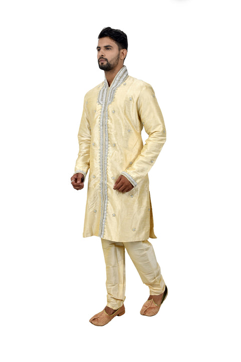 Cream Silk Traditional Indian Wedding Indo-Western Sherwani for Men