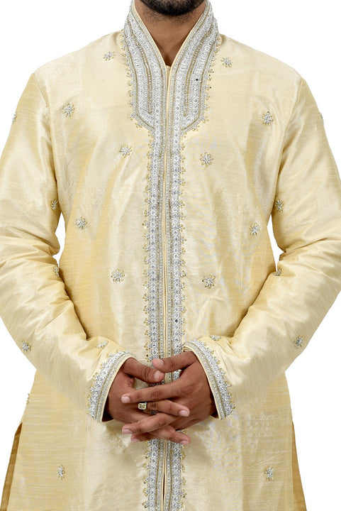 Cream Silk Traditional Indian Wedding Indo-Western Sherwani for Men