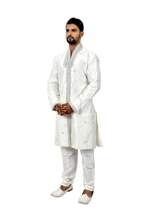White Silk Traditional Indian Wedding Indo-Western Sherwani for Men