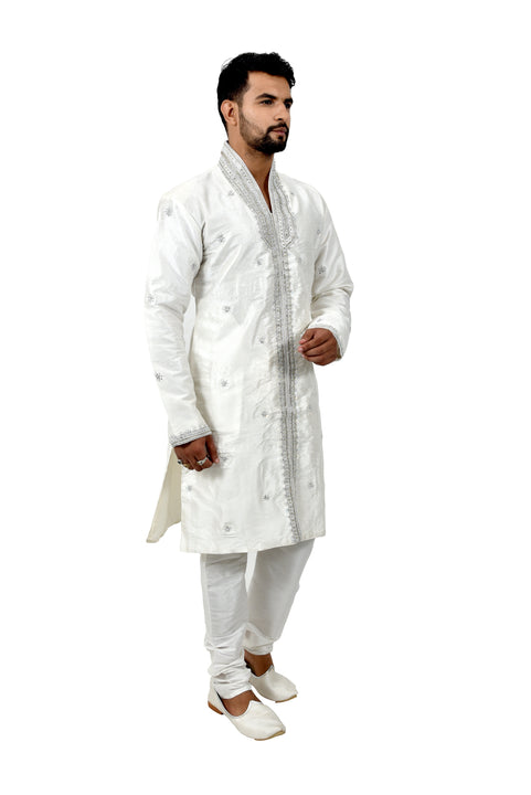 White Silk Traditional Indian Wedding Indo-Western Sherwani for Men