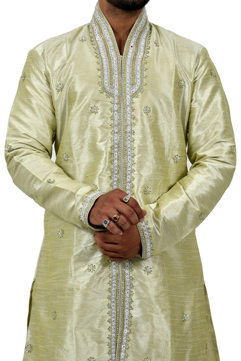 Pista Silk Traditional Indian Wedding Indo-Western Sherwani for Men