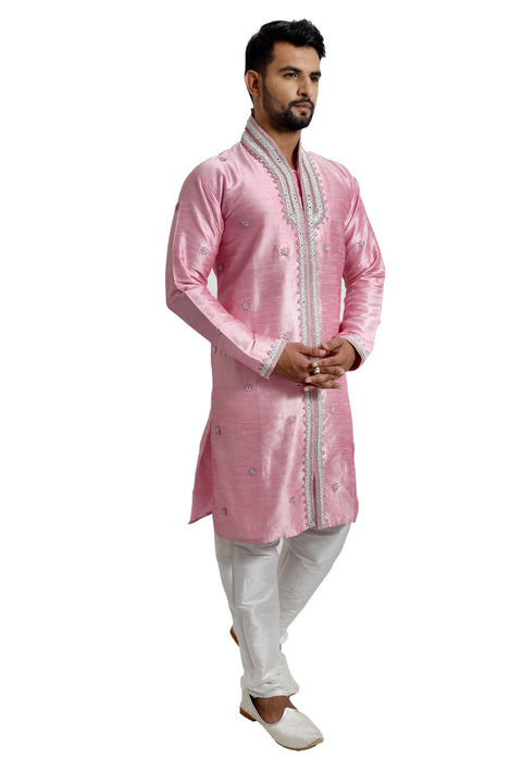 Cameo Pink Silk Traditional Indian Wedding Indo-Western Sherwani for Men