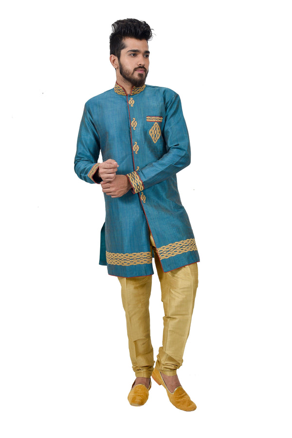 Turquoise Blue Ghiccha Silk Traditional Indian Wedding Indo-Western Sherwani for Men