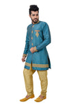 Turquoise Blue Ghiccha Silk Traditional Indian Wedding Indo-Western Sherwani for Men