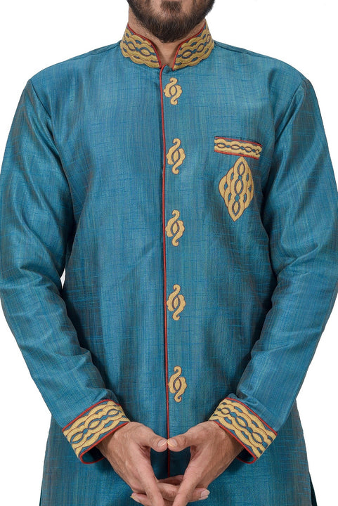 Turquoise Blue Ghiccha Silk Traditional Indian Wedding Indo-Western Sherwani for Men