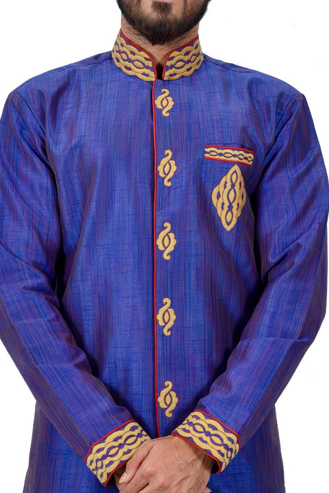 Blue Ghiccha Silk Traditional Indian Wedding Indo-Western Sherwani for Men