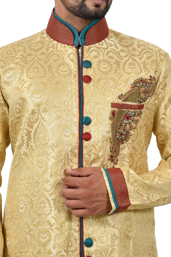 Golden Zari Brocade Silk Traditional Indian Wedding Indo-Western Sherwani for Men