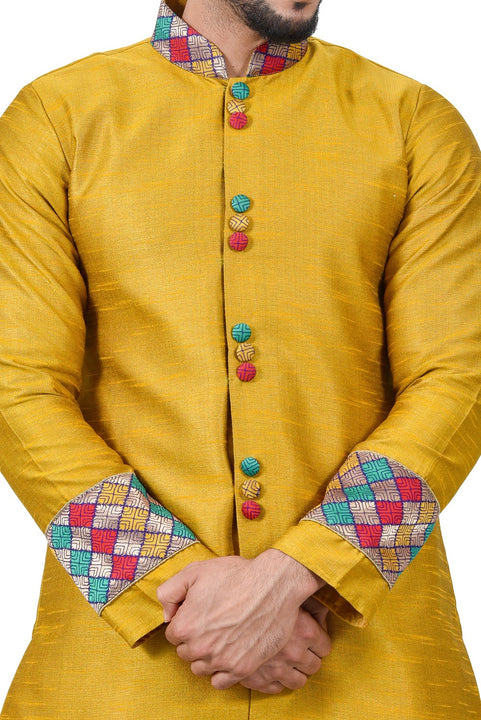 Golden Yellow Silk Traditional Indian Wedding Indo-Western Sherwani for Men