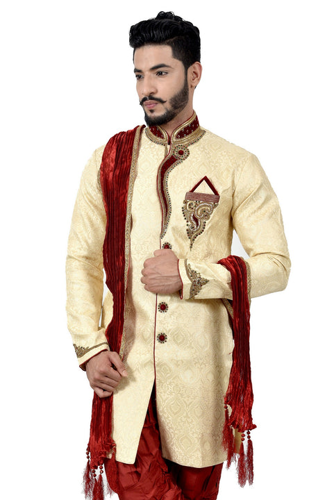 Cream Zari Brocade Silk Traditional Indian Wedding Indo-Western Sherwani for Men