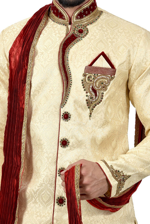 Cream Zari Brocade Silk Traditional Indian Wedding Indo-Western Sherwani for Men