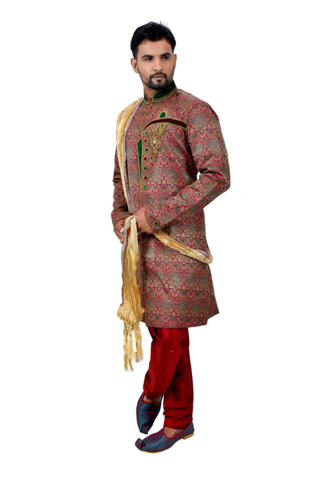 Multi Brocade Silk Traditional Indian Wedding Indo-Western Sherwani for Men