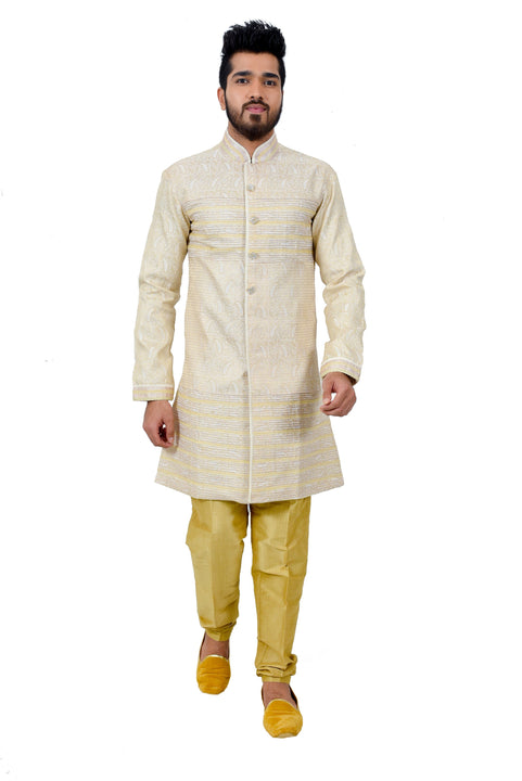 Cream Brocade Silk Traditional Indian Wedding Indo-Western Sherwani for Men