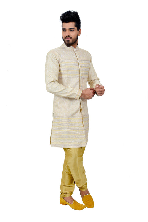 Cream Brocade Silk Traditional Indian Wedding Indo-Western Sherwani for Men