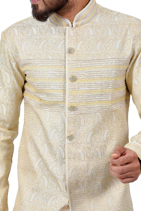 Cream Brocade Silk Traditional Indian Wedding Indo-Western Sherwani for Men