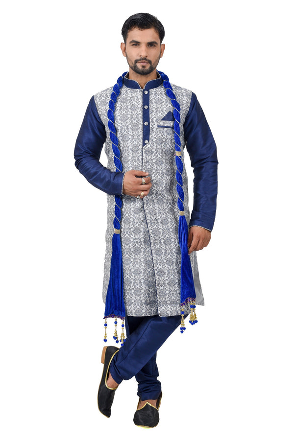 Blue Cotton Brocade Silk Traditional Indian Wedding Indo-Western Sherwani for Men