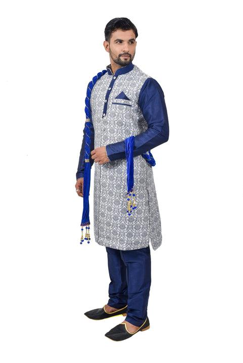 Blue Cotton Brocade Silk Traditional Indian Wedding Indo-Western Sherwani for Men