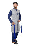 Blue Cotton Brocade Silk Traditional Indian Wedding Indo-Western Sherwani for Men
