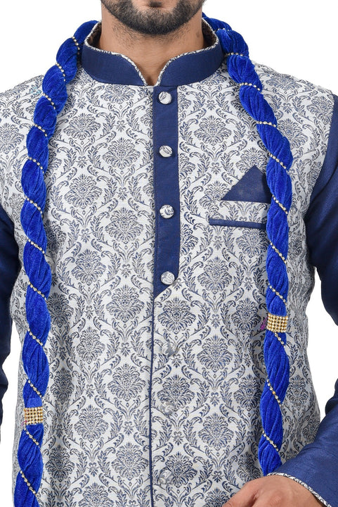 Blue Cotton Brocade Silk Traditional Indian Wedding Indo-Western Sherwani for Men