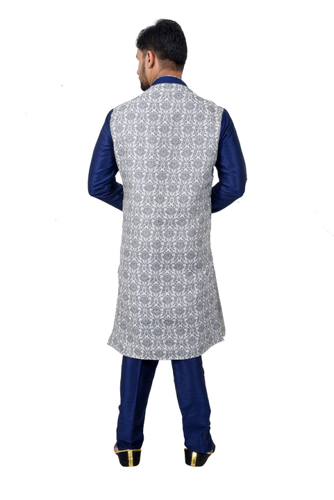 Blue Cotton Brocade Silk Traditional Indian Wedding Indo-Western Sherwani for Men