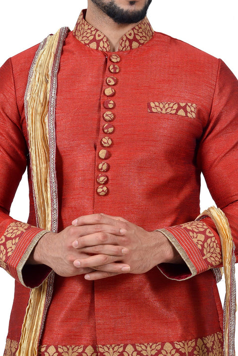 Maroon Silk Traditional Indian Wedding Indo-Western Sherwani for Men